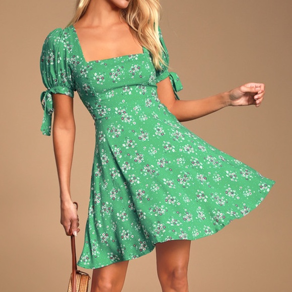 Lulu's  Camellia Curtsies Green Floral Print Skater Dress - Picture 1 of 6